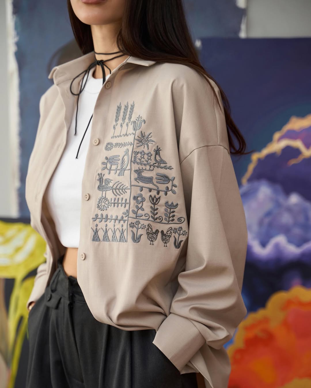 Shirt with Embroidery Oberih Wheat