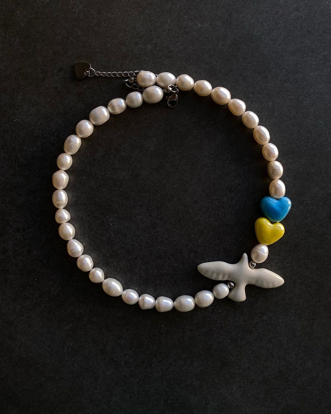 Natural River Pearls Necklace Ptashka with Hearts