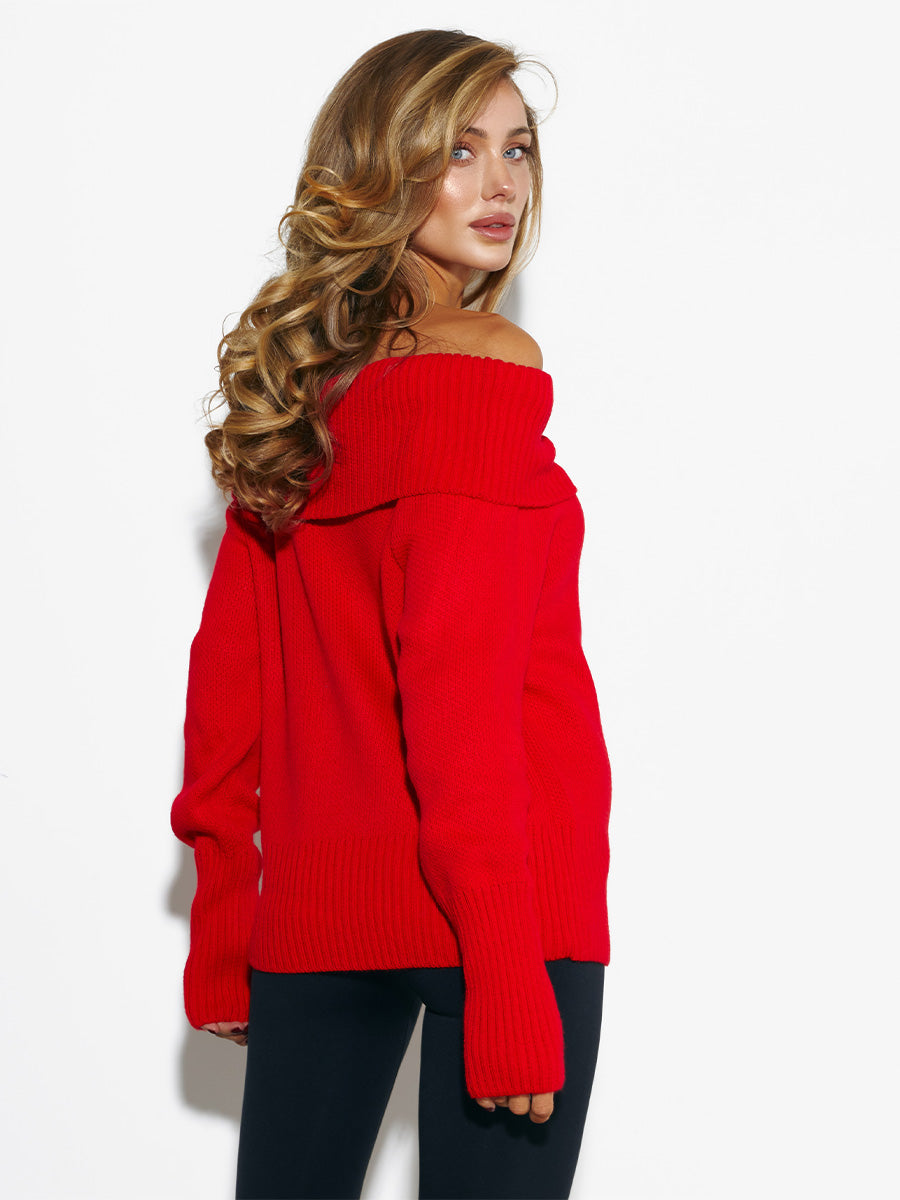 Red Sweater with Off-the-shoulder design