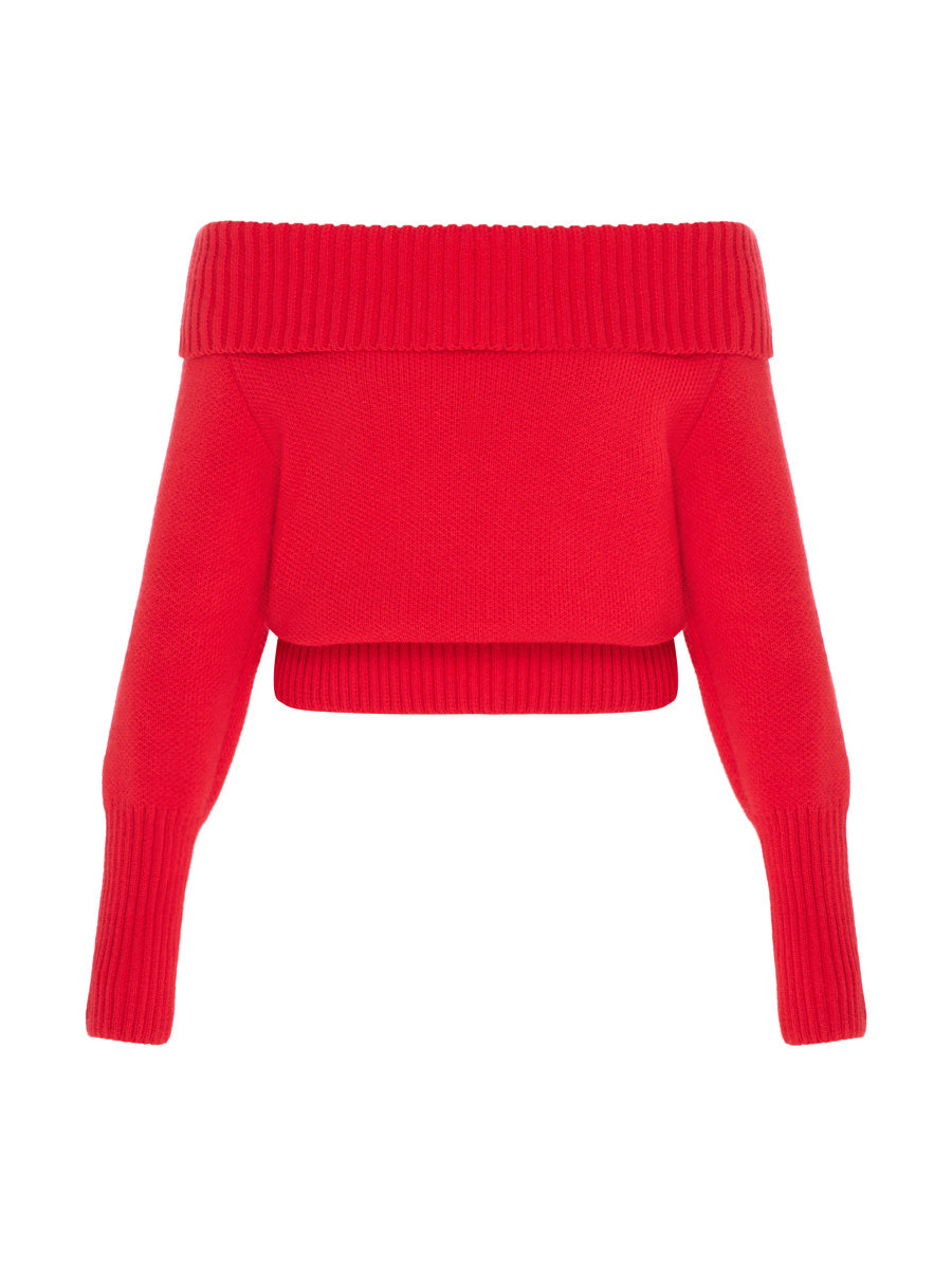 Red Sweater with Off-the-shoulder design