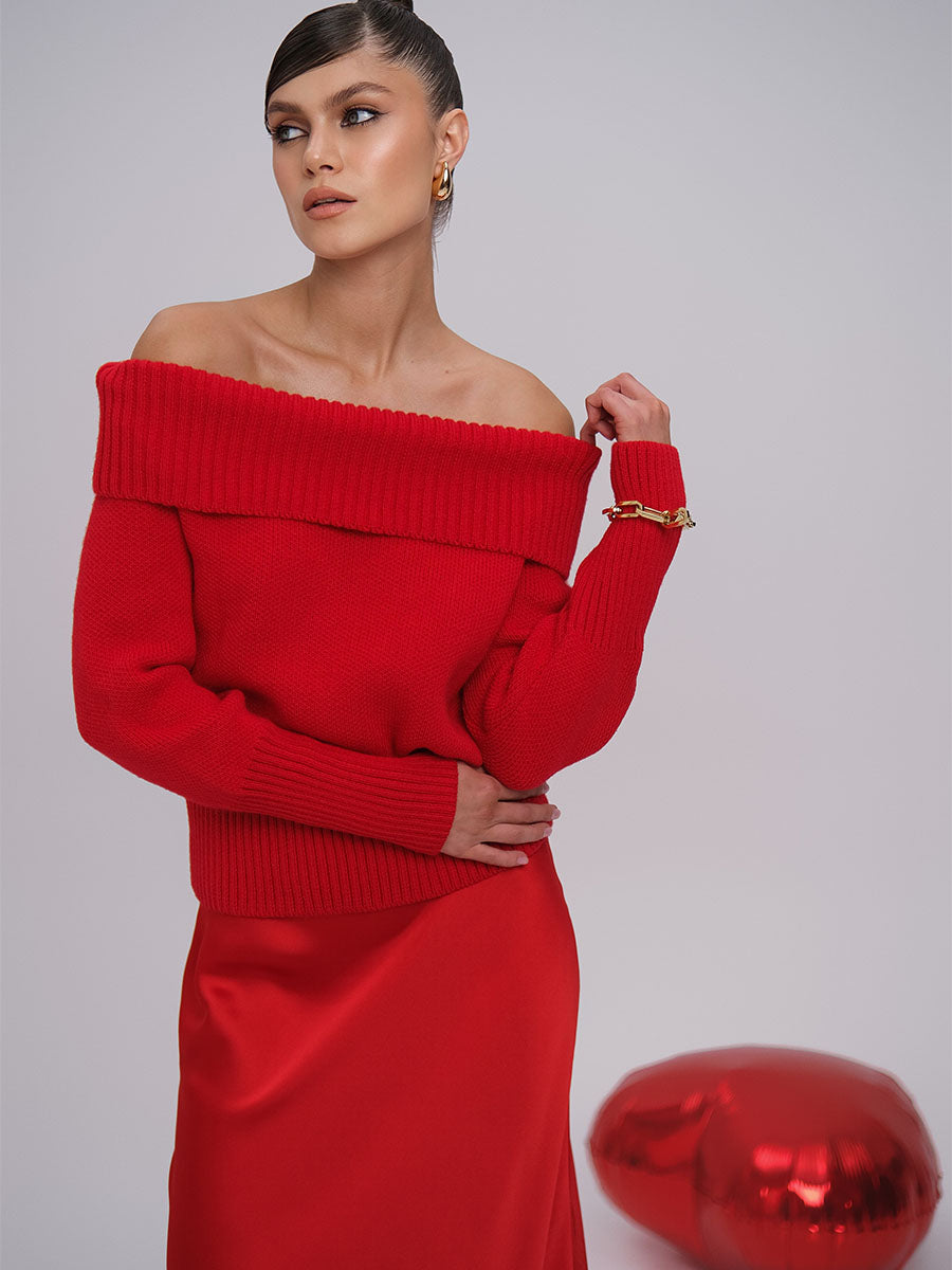 Red Sweater with Off-the-shoulder design