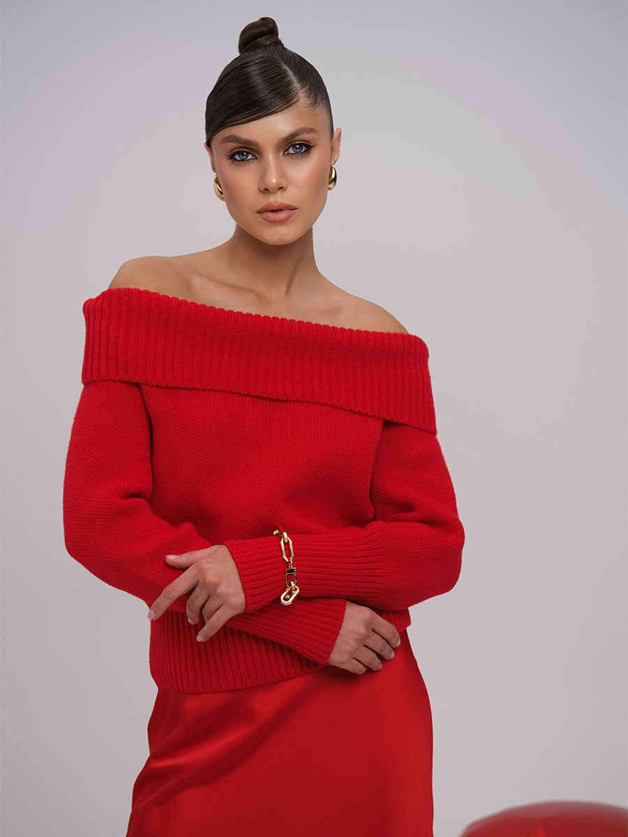 Red Sweater with Off-the-shoulder design