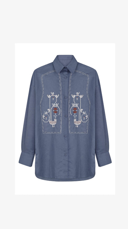 Linen Shirt Symbols with Embroidery Grafit Blue