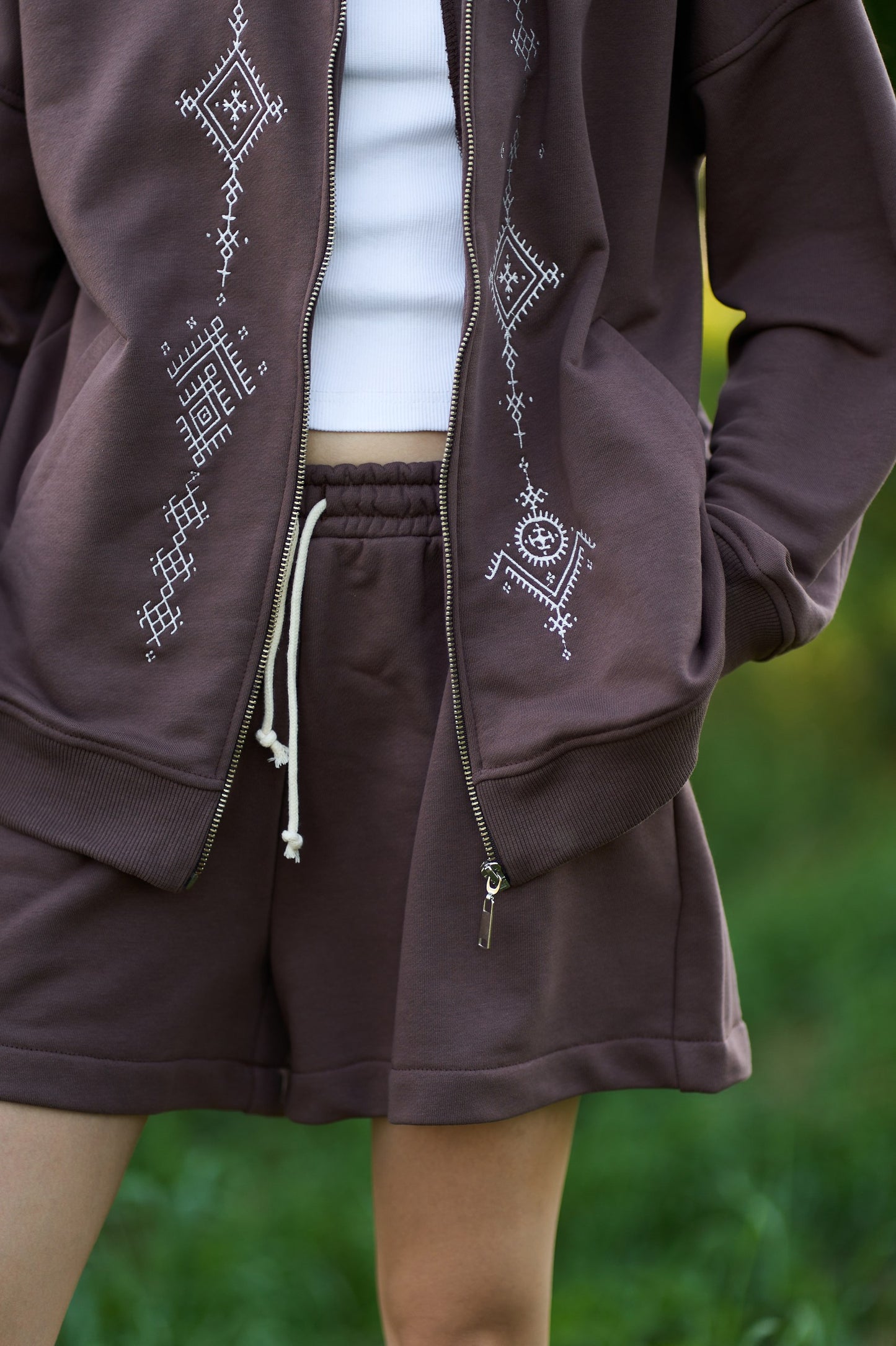 Zip Hoodie with Embroidery Symbols