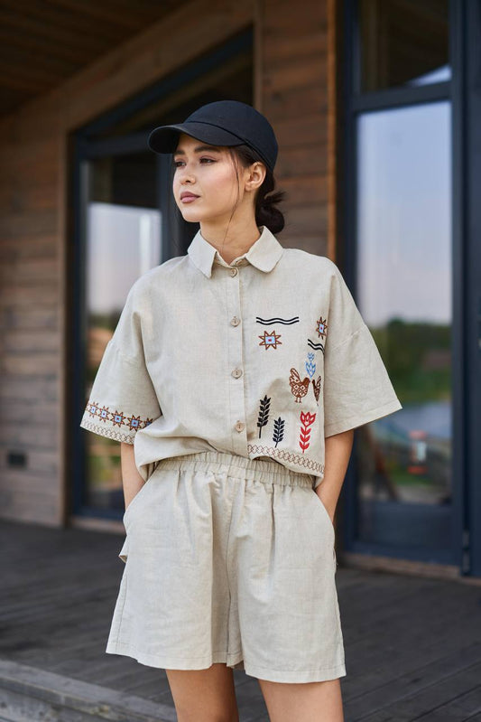 Linen Set Embroidered Shirt with Shorts Koloski - Wheat