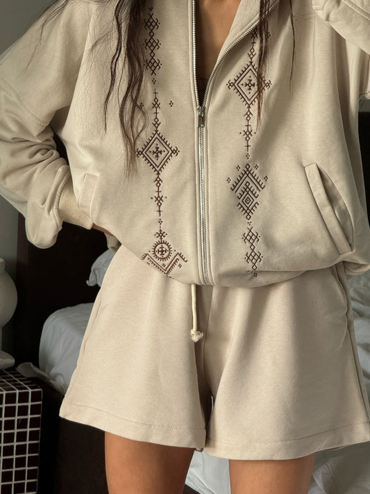 Zip Hoodie Set with Shorts Symbols Taupe