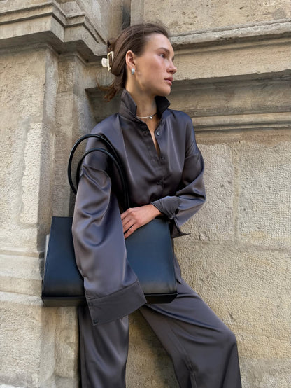 Natural Satin Shirt Silk Gray