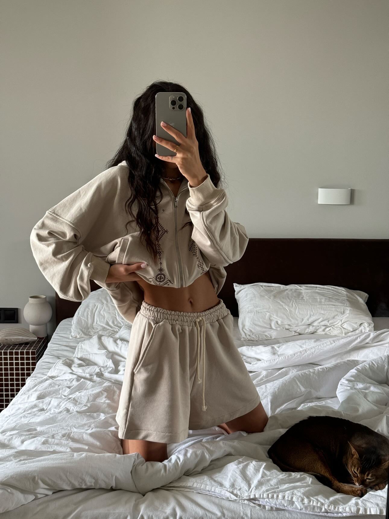 Zip Hoodie Set with Shorts Symbols Taupe