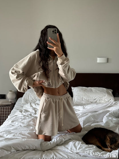 Zip Hoodie Set with Shorts Symbols Taupe