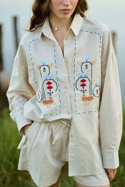 Linen Shirt Symbols with Embroidery Wheat