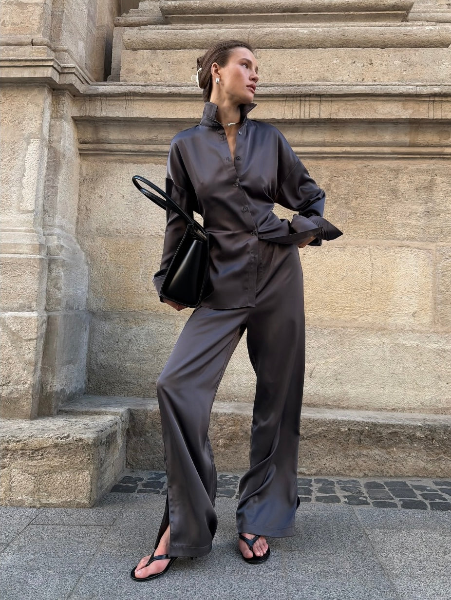 Natural Satin Shirt Silk Gray
