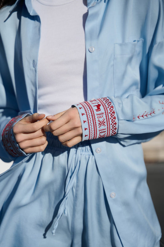 Blue Shirt with Sleeve Embroidery Korinnia