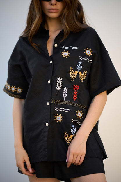 Linen Embroidered Shirt Koloski Black