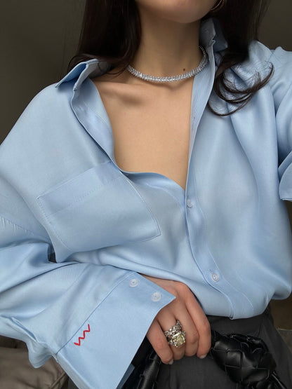 Blue Shirt with Sleeve Embroidery