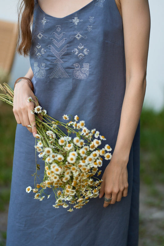 Linen Dress Symbols with Embroidery Grafit Blue