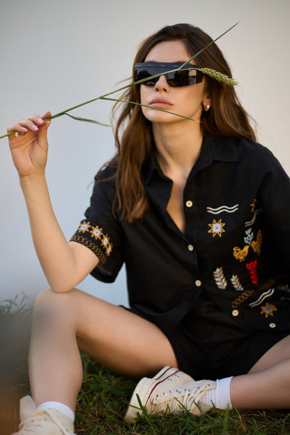 Linen Embroidered Shirt Koloski Black