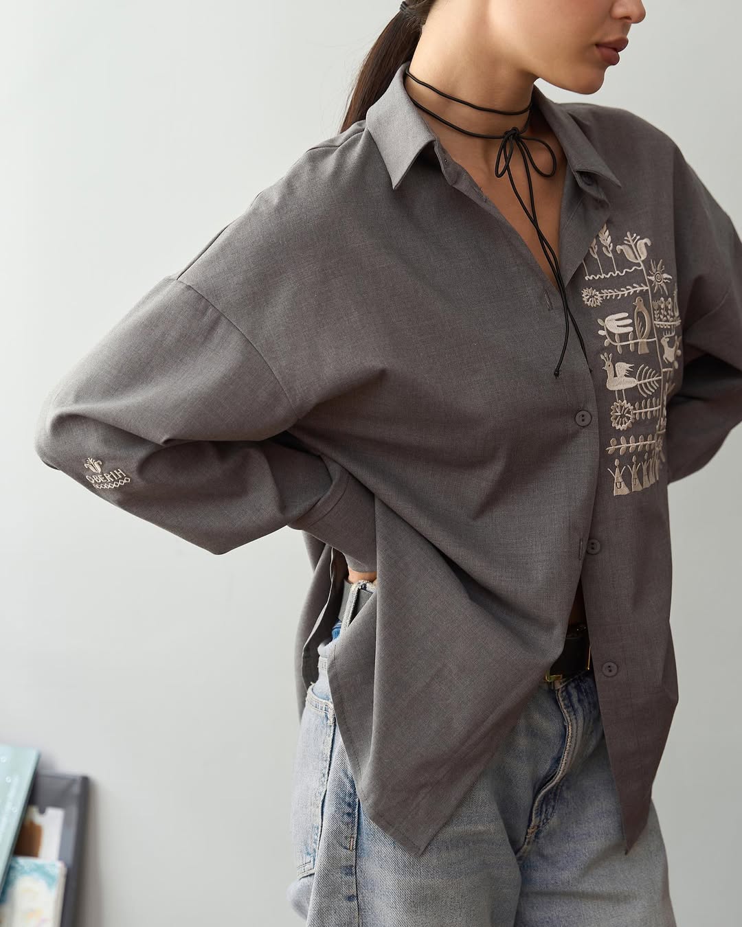 Shirt with Embroidery Oberih Grey