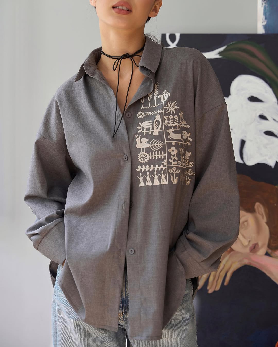 Shirt with Embroidery Oberih Grey