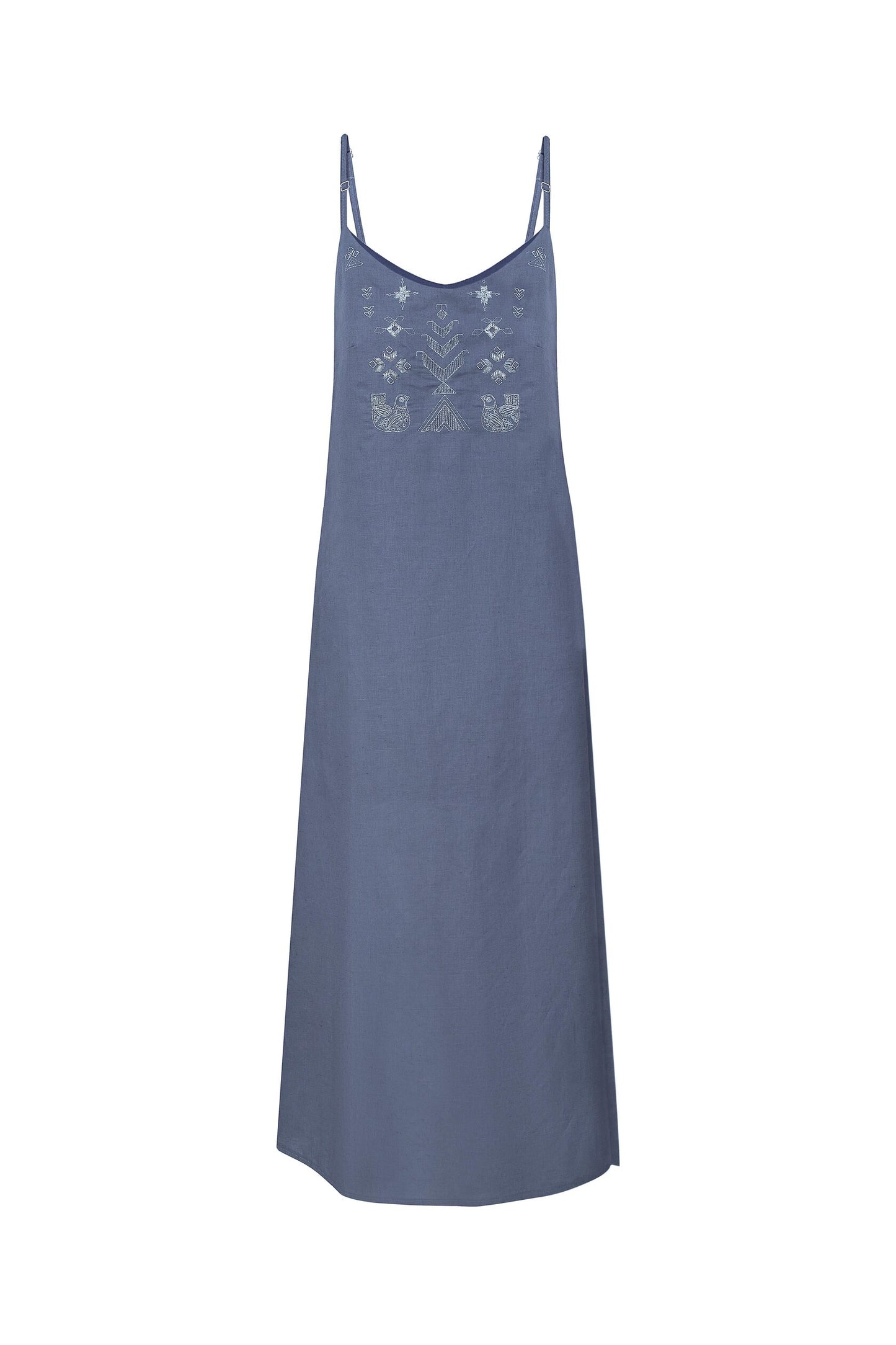 Linen Dress Symbols with Embroidery Grafit Blue