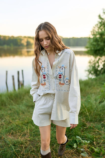 Linen Shirt Symbols with Embroidery Wheat