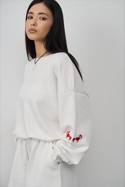 Embroidered Sweatshirt 'Roosters' White