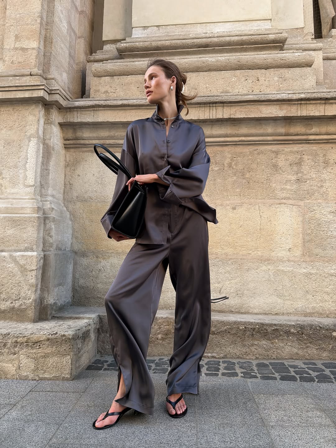 Natural Satin Shirt Silk Gray