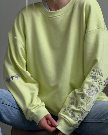 Embroidered Sweatshirt 'Roosters' Lime