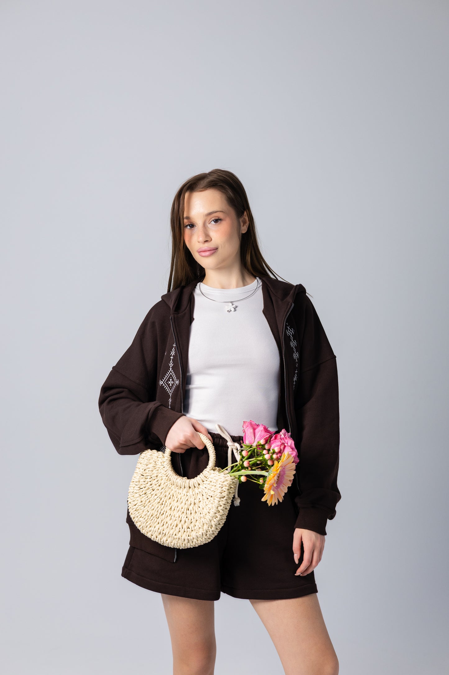 Zip Hoodie with Embroidery Symbols