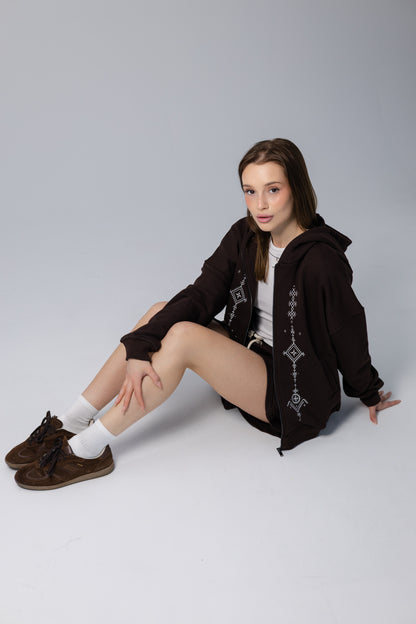Zip Hoodie with Embroidery Symbols