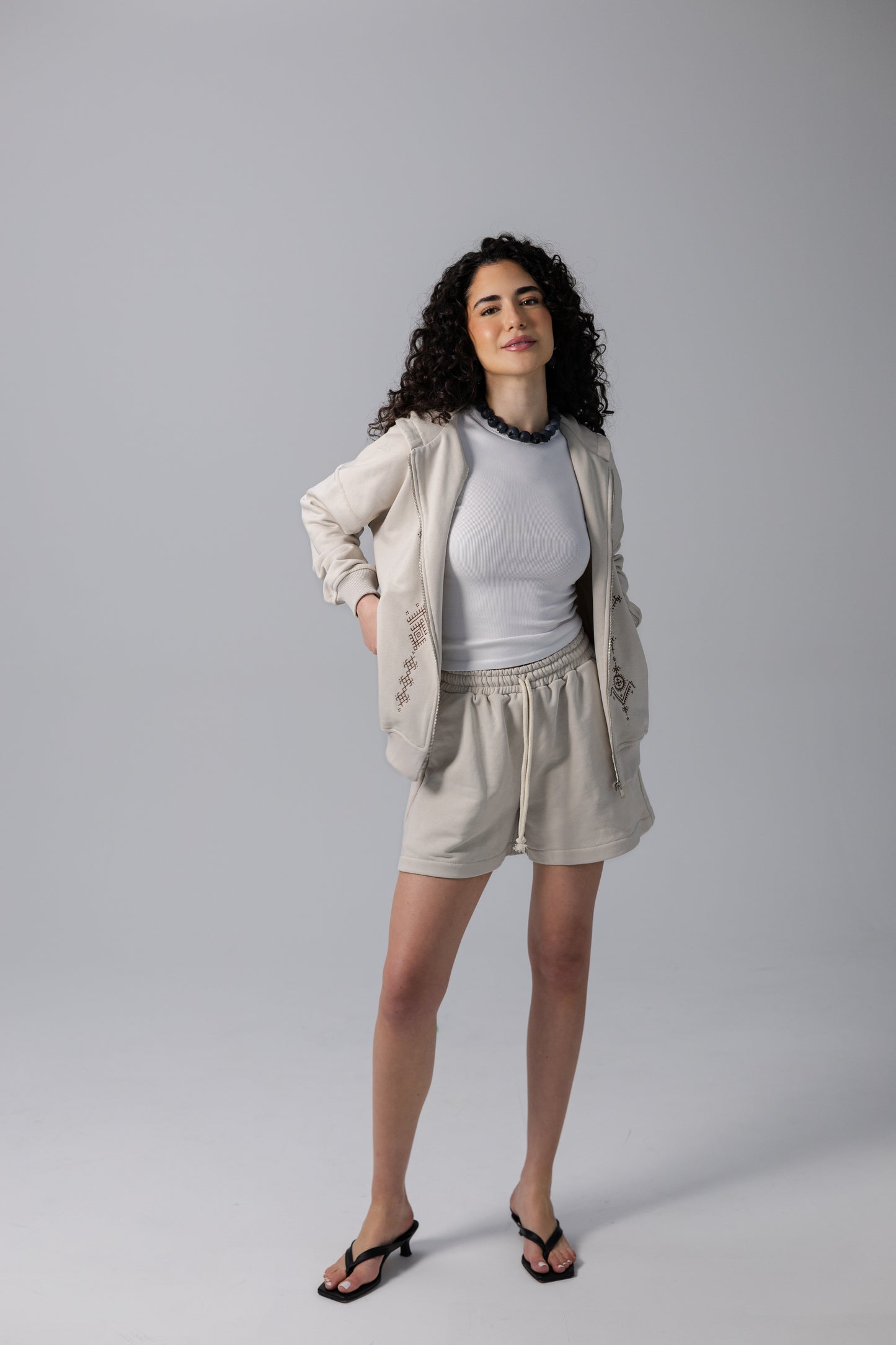 Zip Hoodie Set with Shorts Symbols Taupe