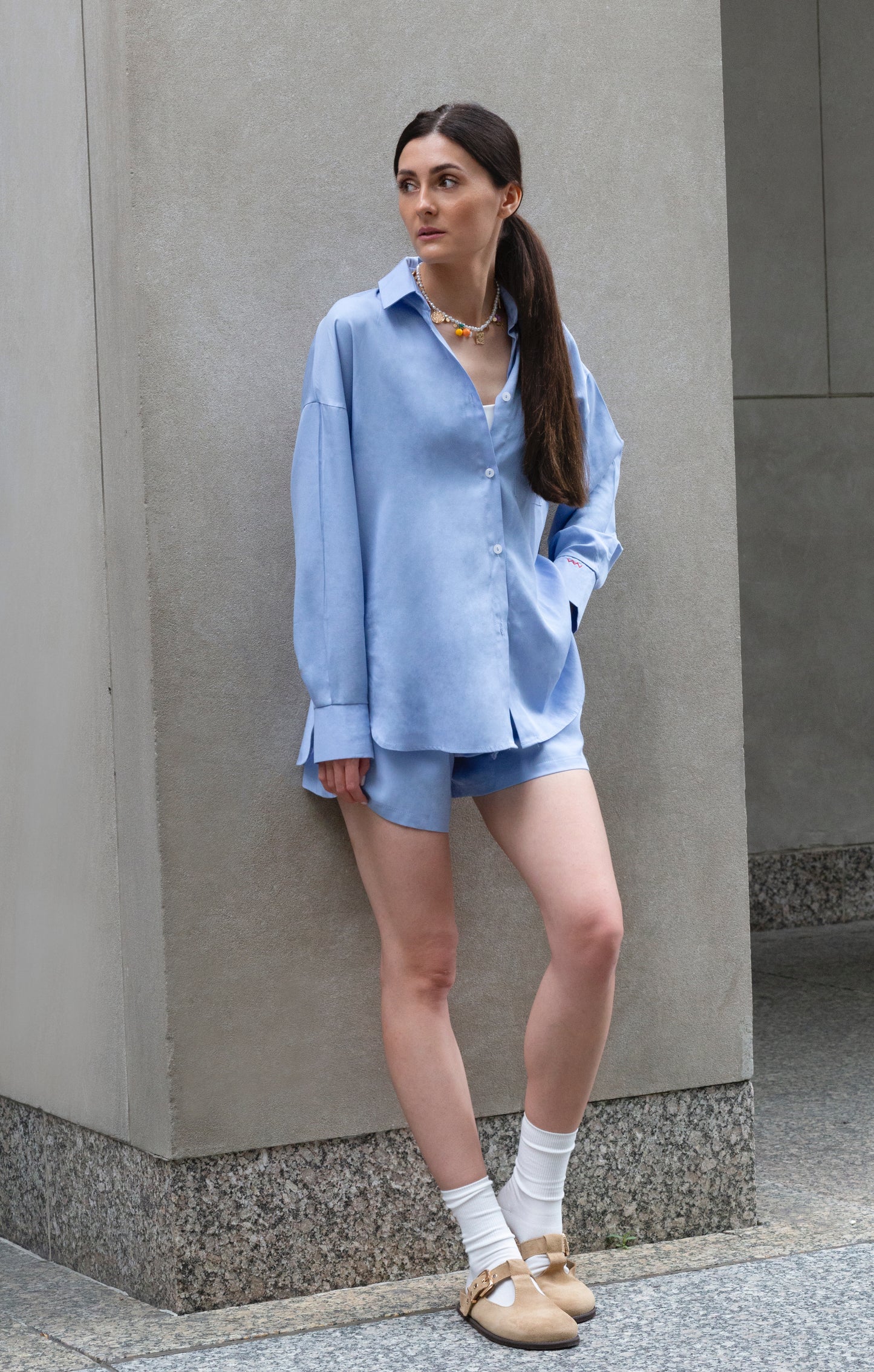 Set of Blue Shirt with Sleeve Embroidery & Shorts