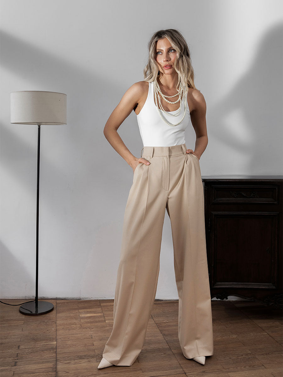 High-Waisted Wide-Leg Beige Pants