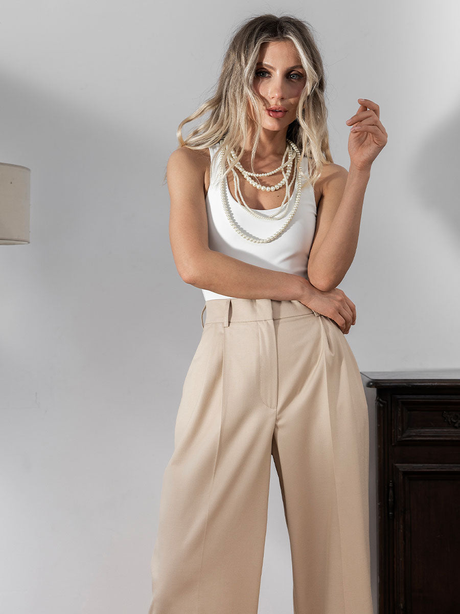 High-Waisted Wide-Leg Beige Pants