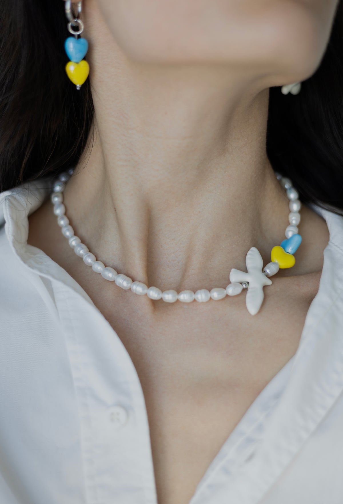 Natural River Pearls Necklace Ptashka with Hearts