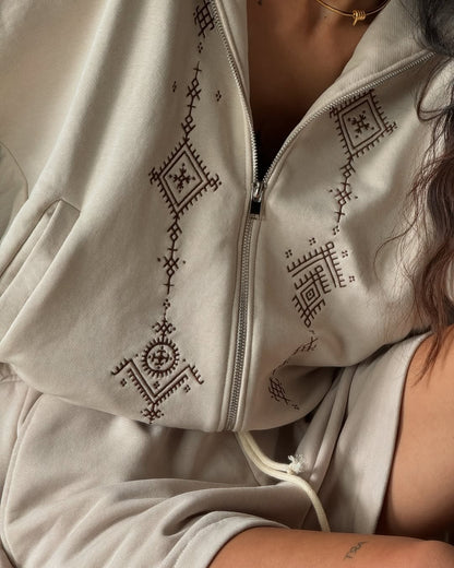 Zip Hoodie Set with Shorts Symbols Taupe