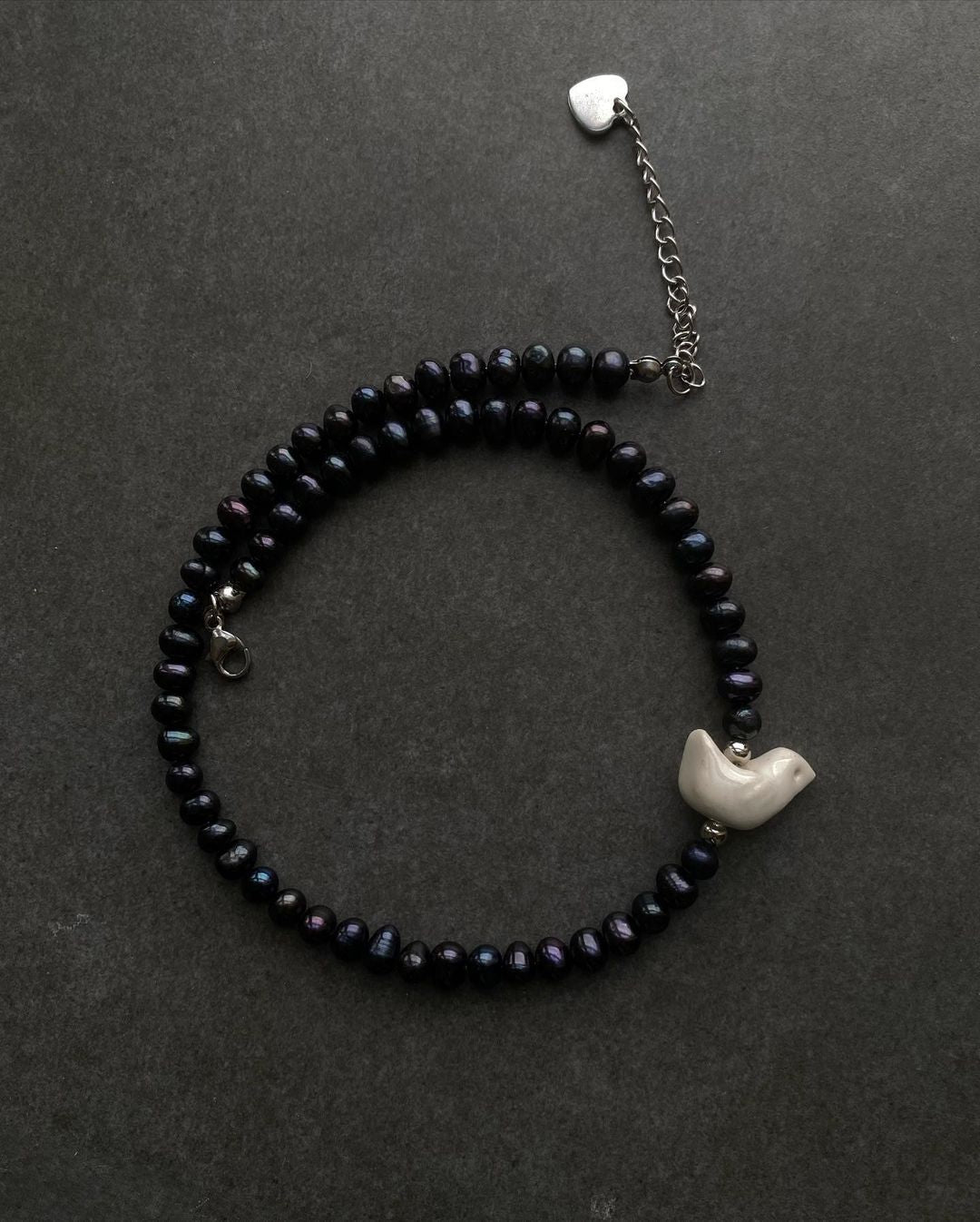 Black Pearls Necklace with a ceramic rooster