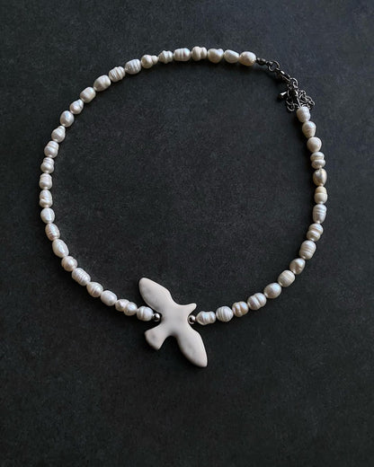 River Pearls Necklace with Ceramic Bird (Pre-order, shipping from Dec 1/2024)