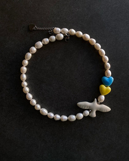 Natural River Pearls Necklace Ptashka with Hearts