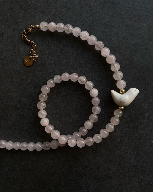 Rose quartz Necklace with a ceramic rooster