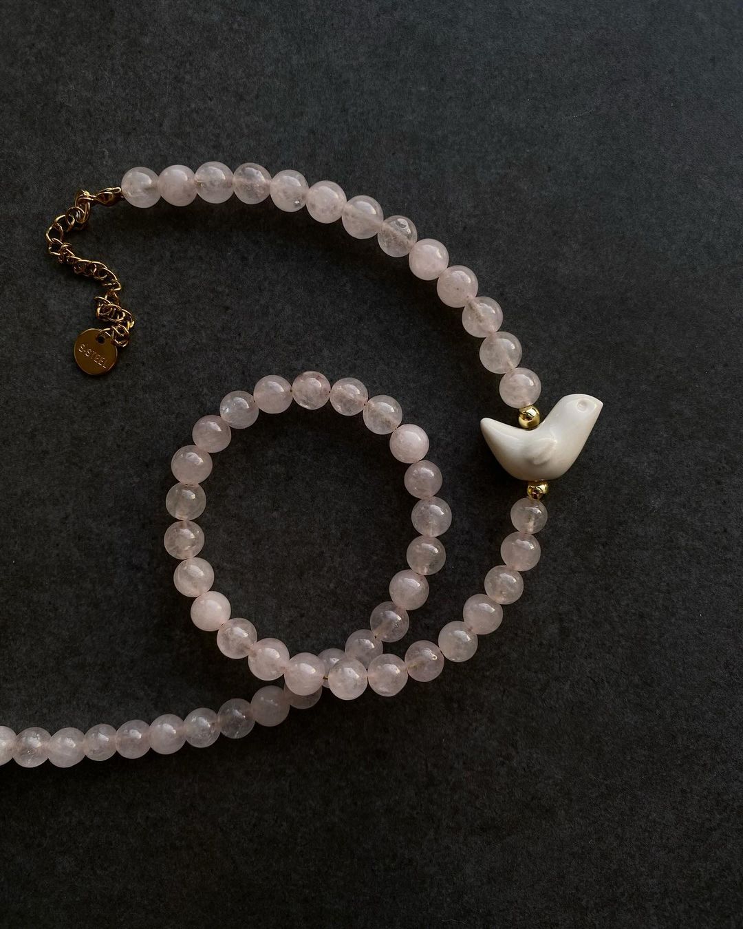 Rose quartz Necklace with a ceramic rooster