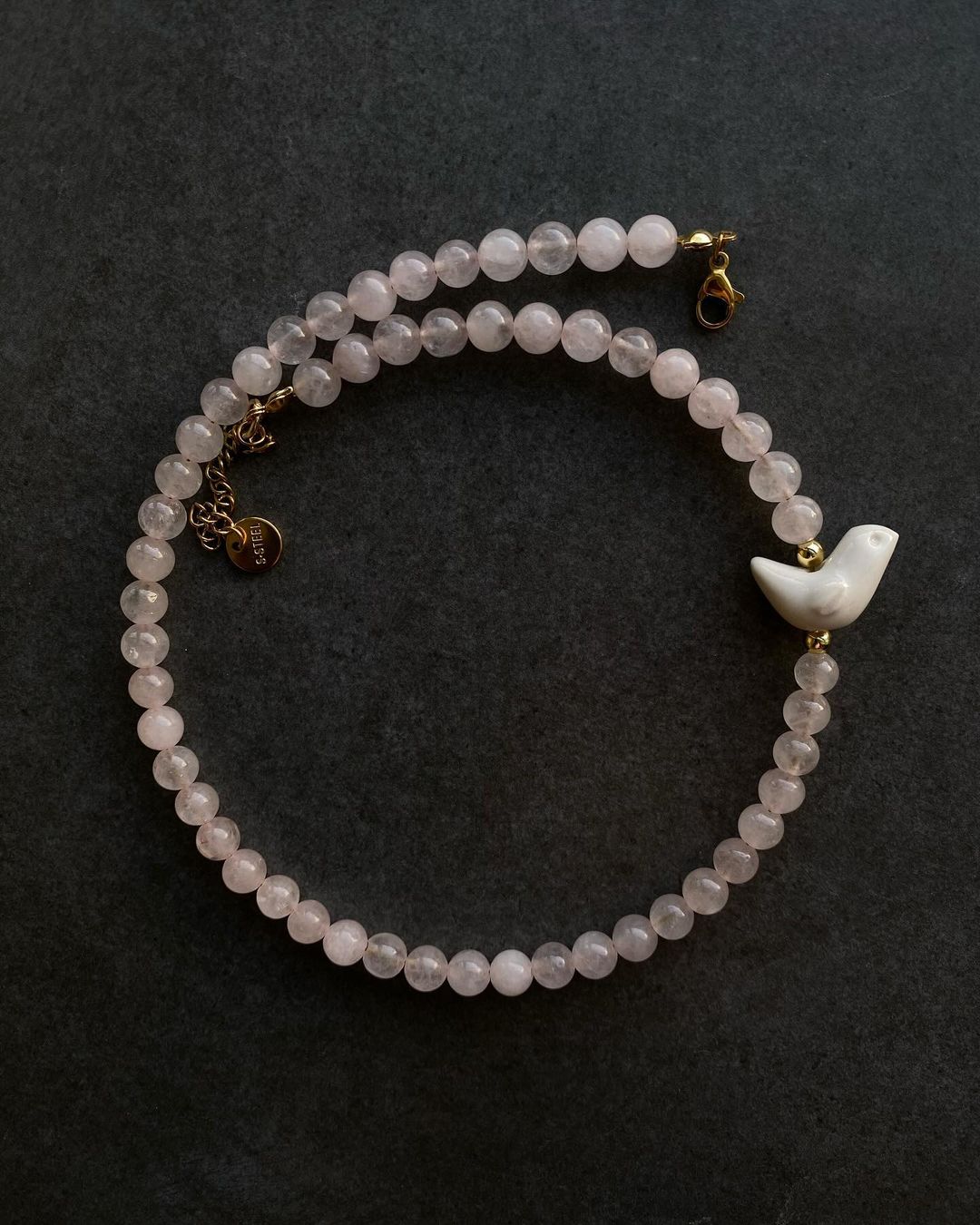 Rose quartz Necklace with a ceramic rooster