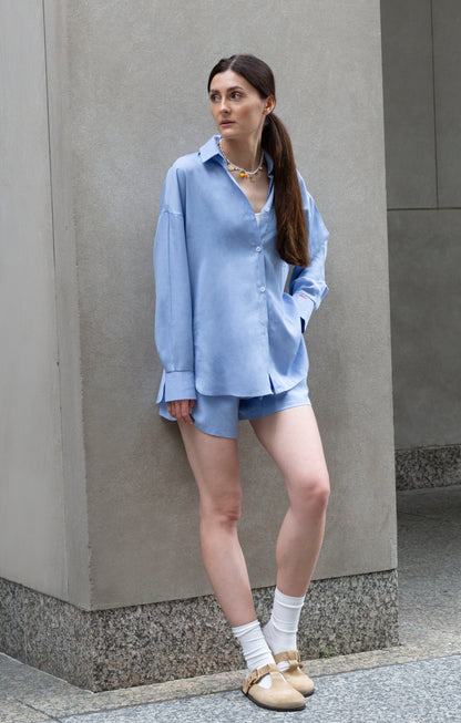 Blue Shirt with Sleeve Embroidery